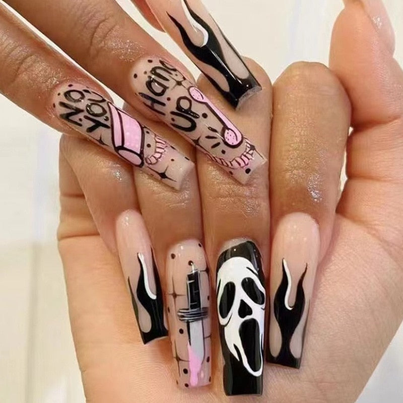 24Pcs Halloween Black Ghost Long Ballet False Nails With Heart Blood Design Halloween Press On Nails Detachable Full Cover Nails 60