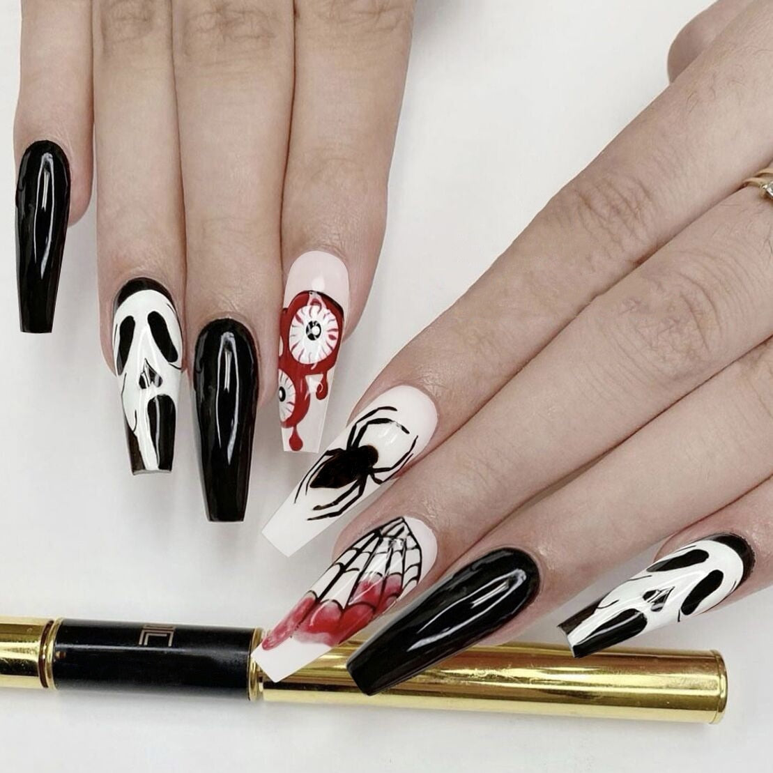 24Pcs Halloween Black Ghost Long Ballet False Nails With Heart Blood Design Halloween Press On Nails Detachable Full Cover Nails WM-09