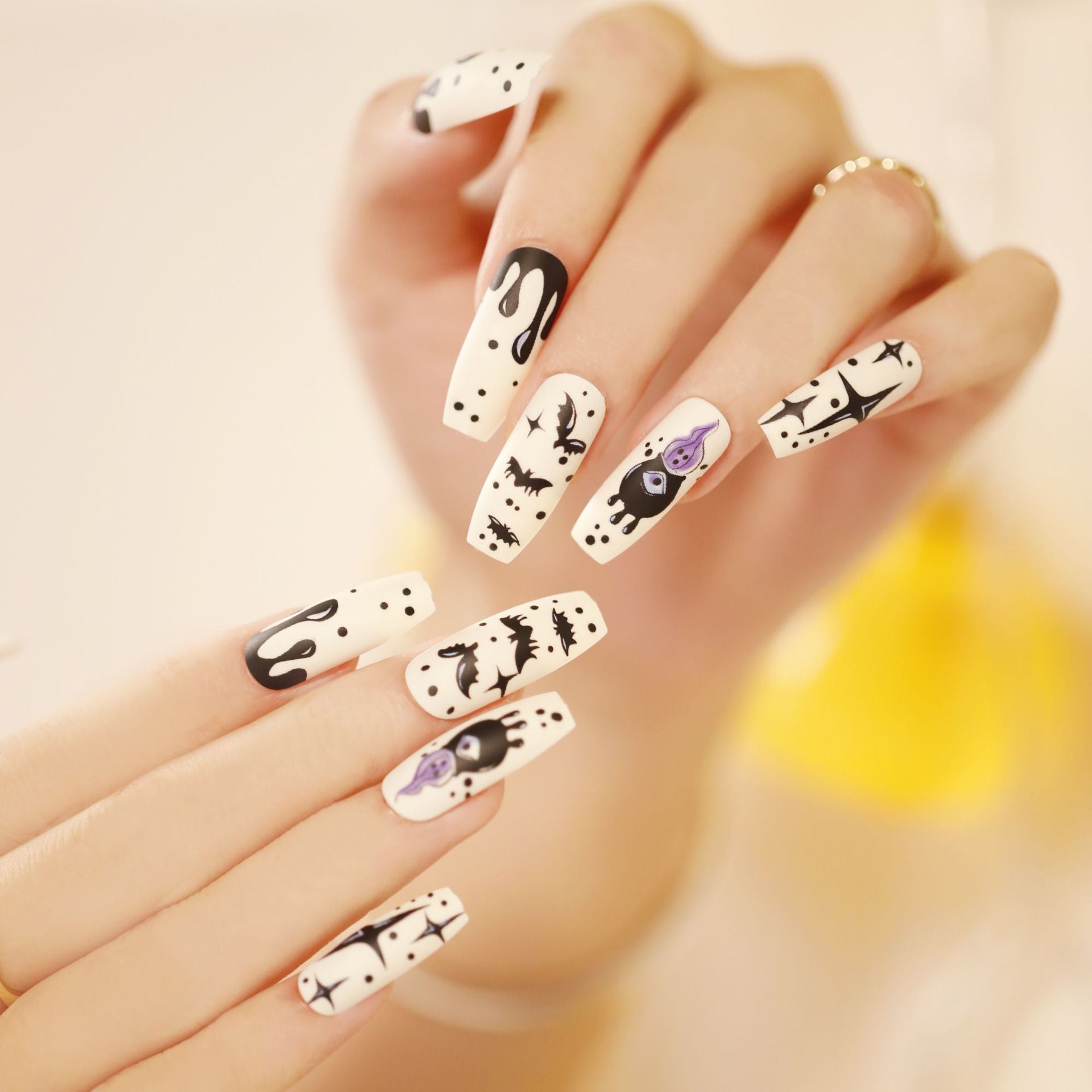 24Pcs Halloween Black Ghost Long Ballet False Nails With Heart Blood Design Halloween Press On Nails Detachable Full Cover Nails 1241