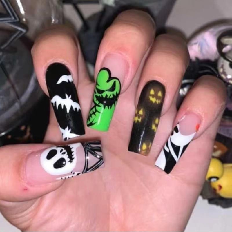 24Pcs Halloween Black Ghost Long Ballet False Nails With Heart Blood Design Halloween Press On Nails Detachable Full Cover Nails 68
