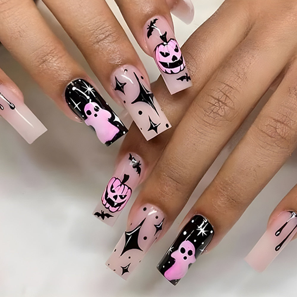 24Pcs Halloween Black Ghost Long Ballet False Nails With Heart Blood Design Halloween Press On Nails Detachable Full Cover Nails CY395