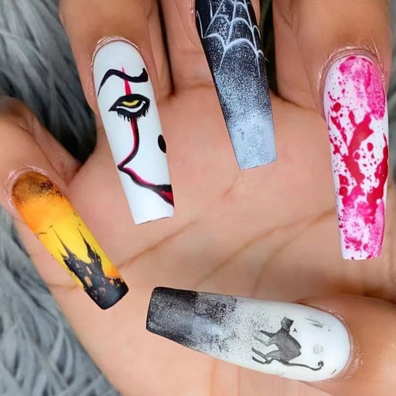 24Pcs Halloween Black Ghost Long Ballet False Nails With Heart Blood Design Halloween Press On Nails Detachable Full Cover Nails 63