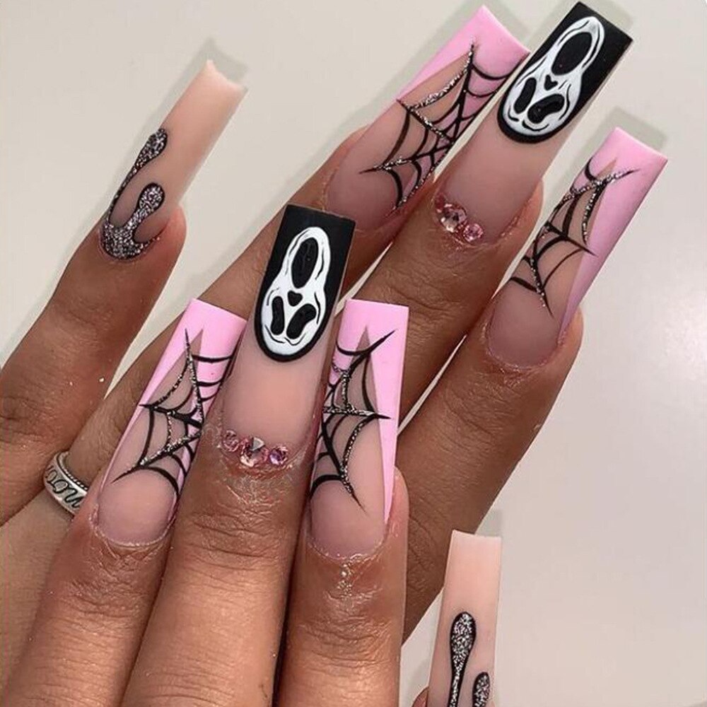 24Pcs Halloween Black Ghost Long Ballet False Nails With Heart Blood Design Halloween Press On Nails Detachable Full Cover Nails CZ180