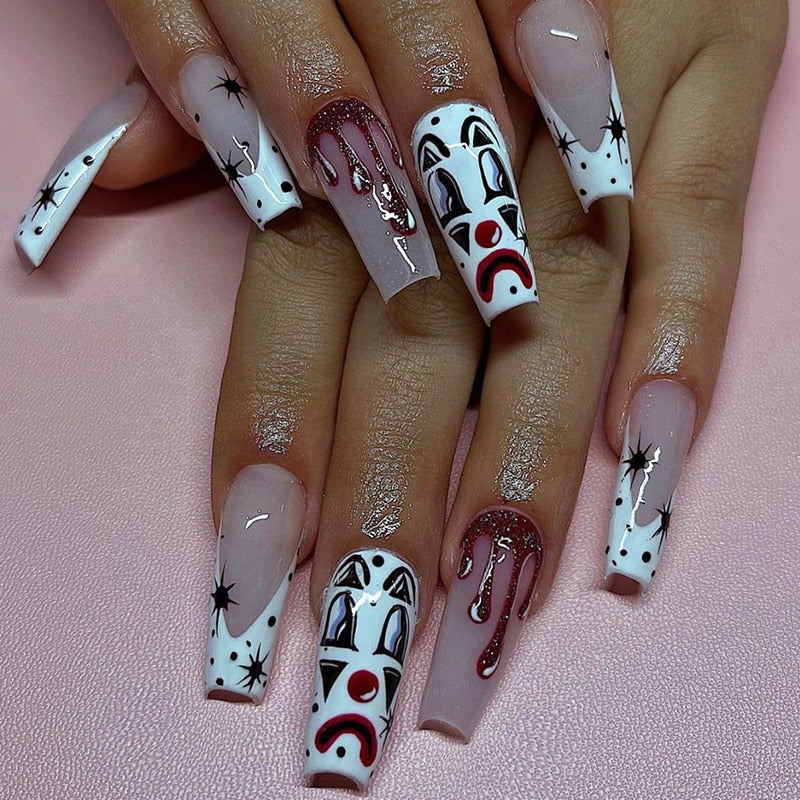 24Pcs Halloween Extra Long Press on Nails Coffin Fake Nails Acrylic Black White Clown Designs Glossy Artificial Nails for Women W956
