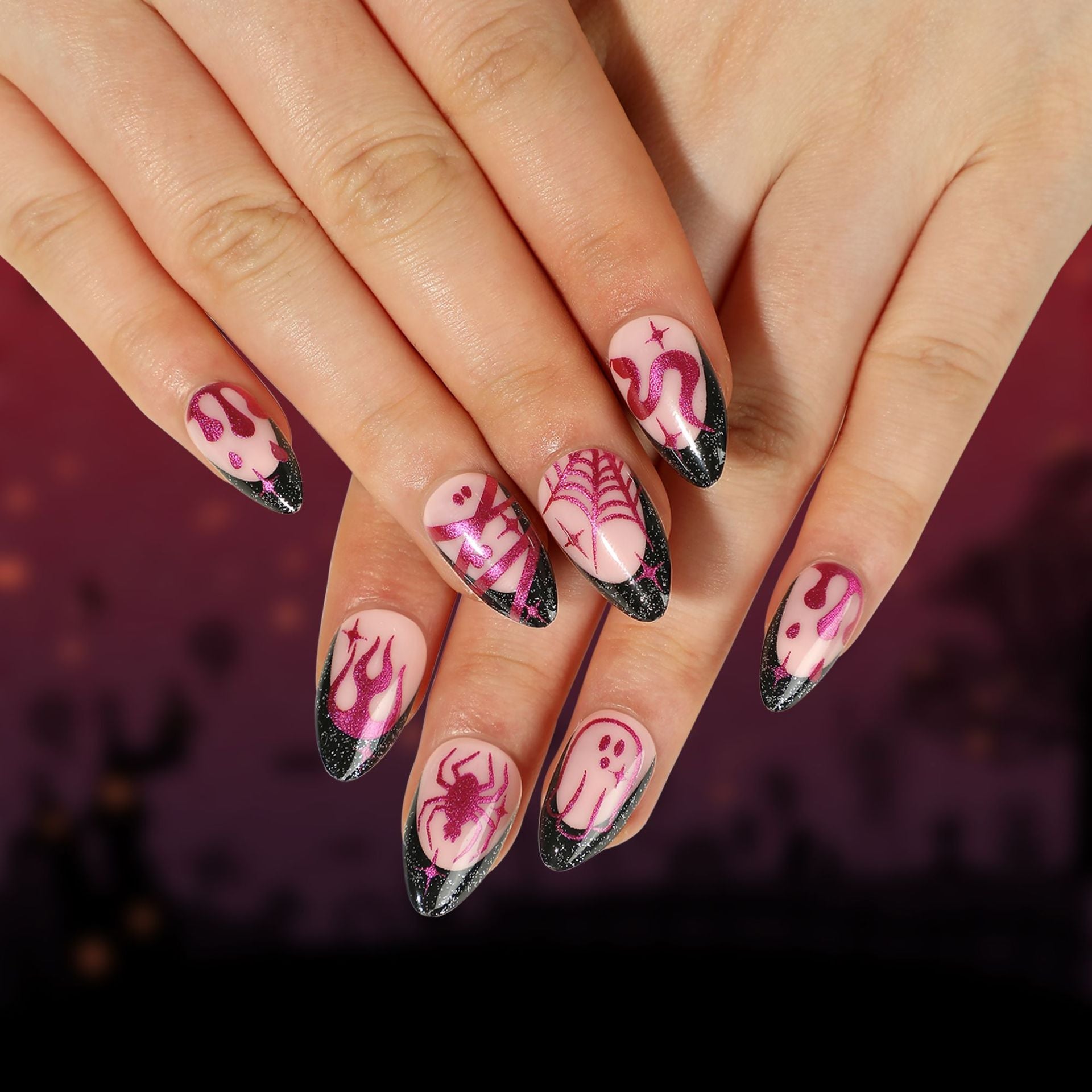 24Pcs Halloween Extra Long Press on Nails Coffin Fake Nails Acrylic Black White Clown Designs Glossy Artificial Nails for Women JP2504