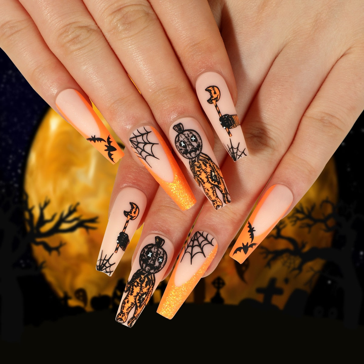 24Pcs Halloween Extra Long Press on Nails Coffin Fake Nails Acrylic Black White Clown Designs Glossy Artificial Nails for Women JP2503