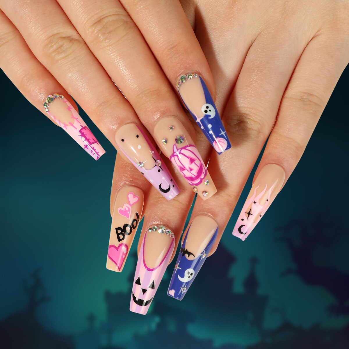 24Pcs Halloween Extra Long Press on Nails Coffin Fake Nails Acrylic Black White Clown Designs Glossy Artificial Nails for Women JP2505-72