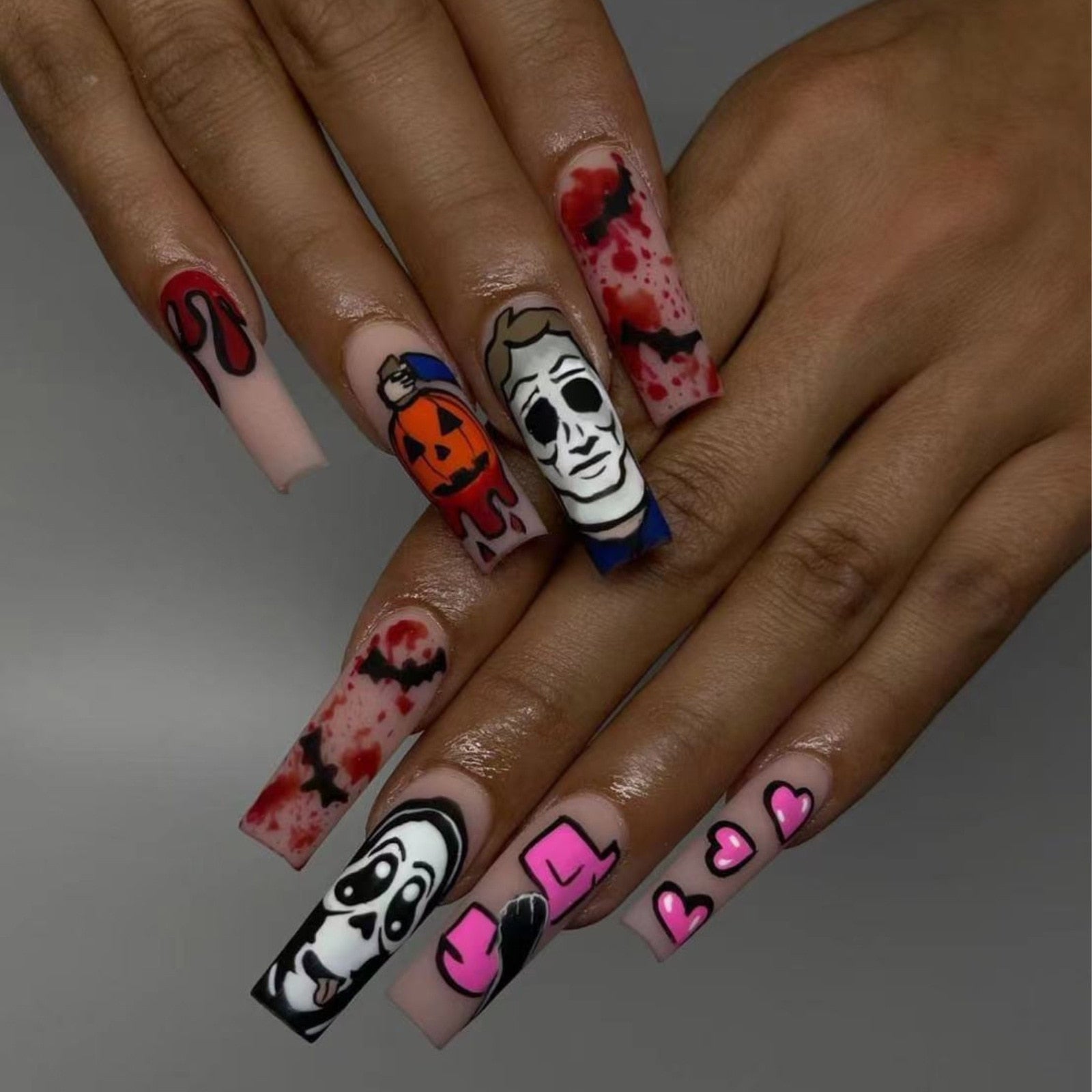 24Pcs Halloween Extra Long Press on Nails Coffin Fake Nails Acrylic Black White Clown Designs Glossy Artificial Nails for Women WSJ-05