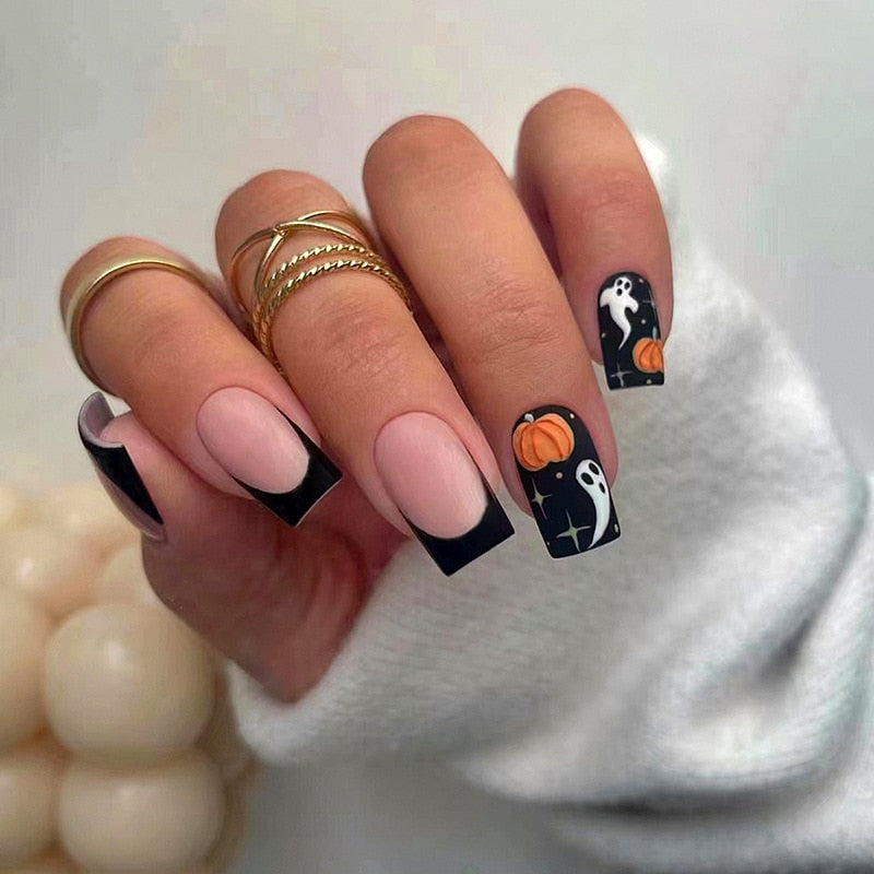 24Pcs Halloween Extra Long Press on Nails Coffin Fake Nails Acrylic Black White Clown Designs Glossy Artificial Nails for Women W1032 1