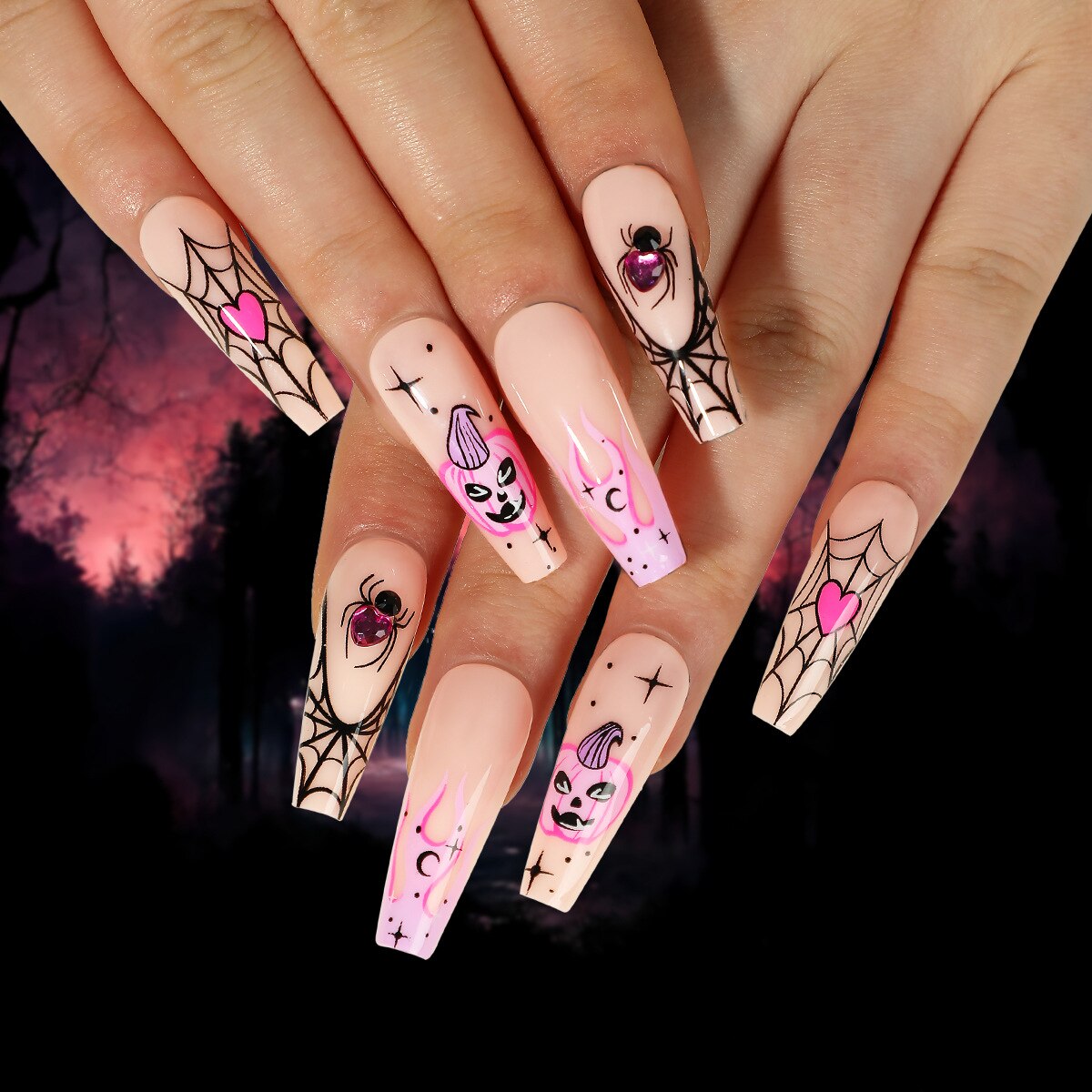 24Pcs Halloween Extra Long Press on Nails Coffin Fake Nails Acrylic Black White Clown Designs Glossy Artificial Nails for Women JP2509-68
