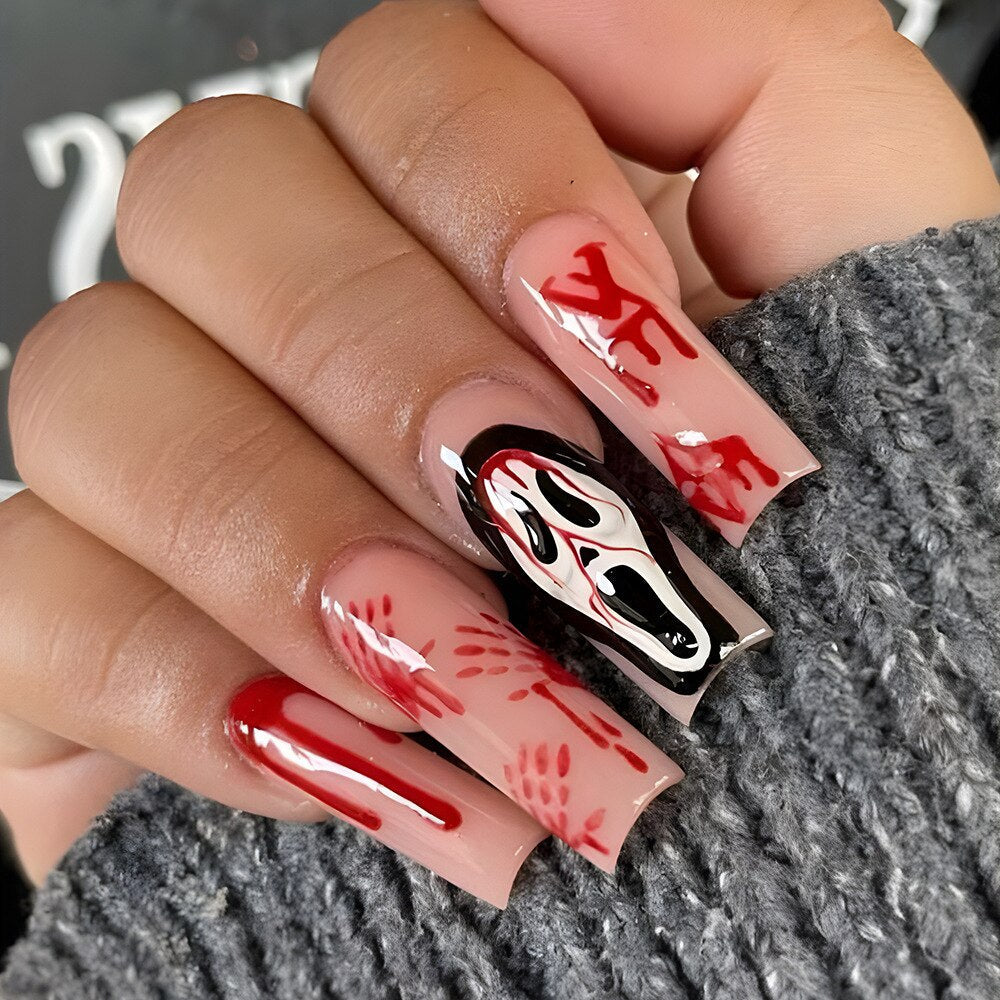 24Pcs Halloween Extra Long Press on Nails Coffin Fake Nails Acrylic Black White Clown Designs Glossy Artificial Nails for Women