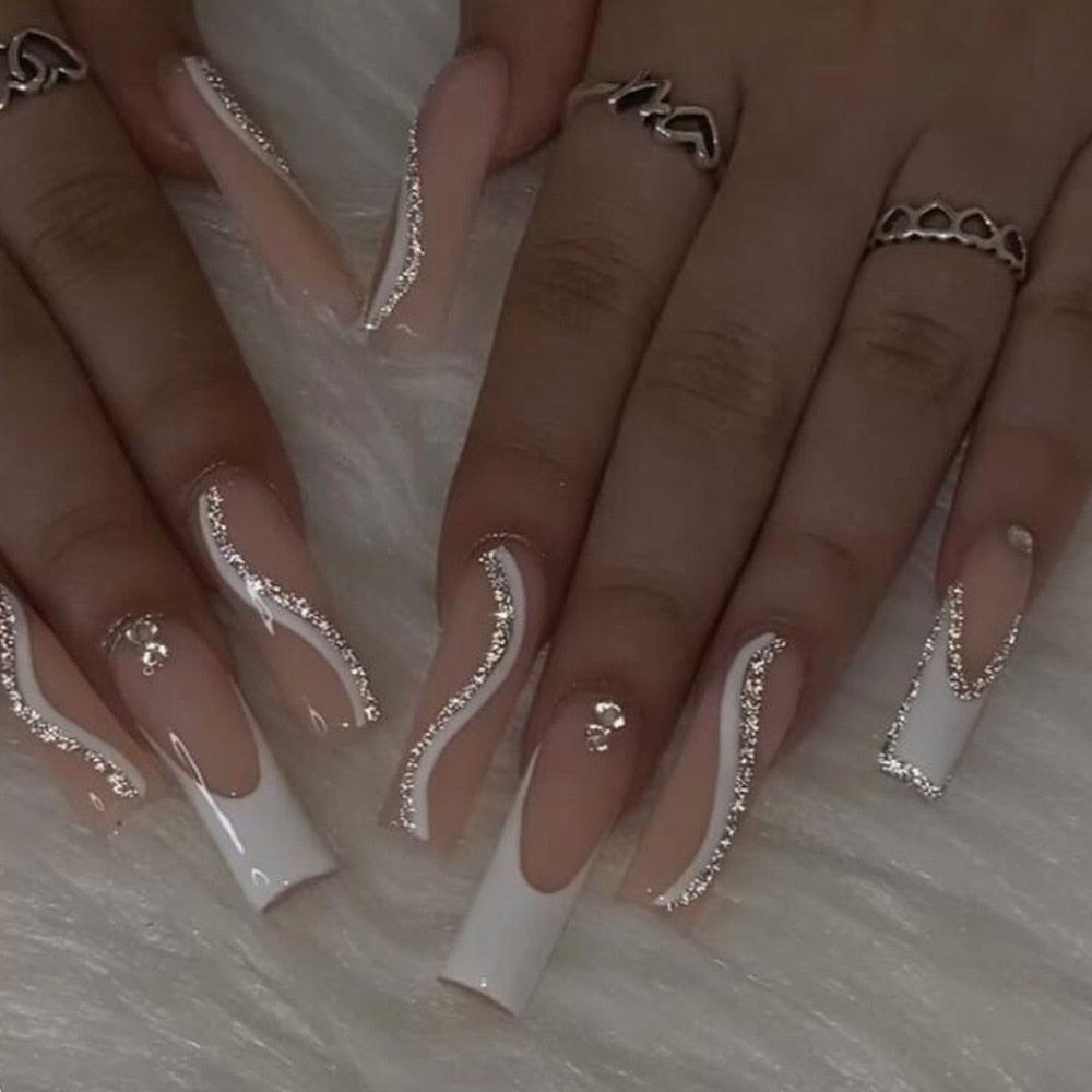 24Pcs Long Ballerina False Nails Press on Nails Serpentine Flower with Rhinestones French Fake Nails Wearable White Nails Tips 147