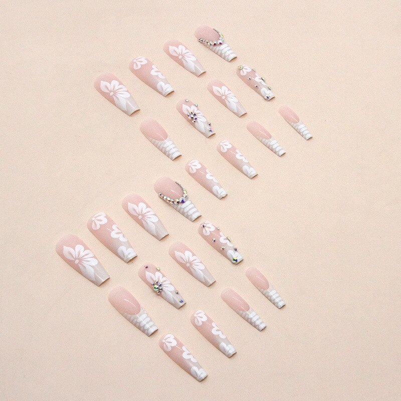 24Pcs Long Ballerina False Nails Press on Nails Serpentine Flower with Rhinestones French Fake Nails Wearable White Nails Tips