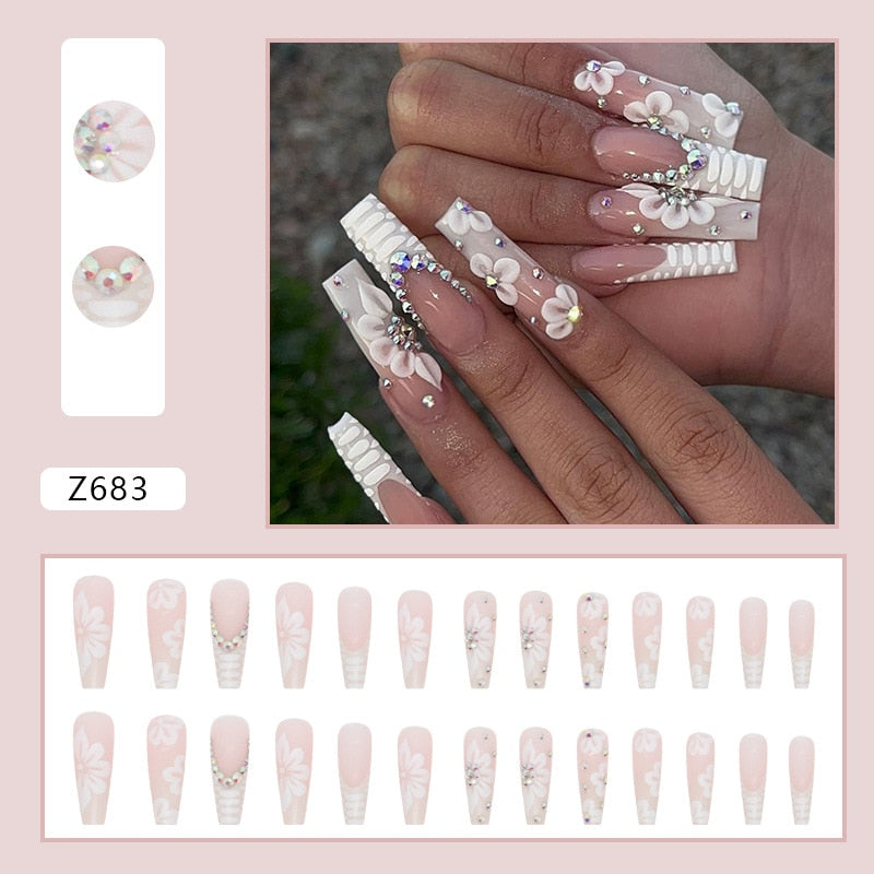 24Pcs Long Ballerina False Nails Press on Nails Serpentine Flower with Rhinestones French Fake Nails Wearable White Nails Tips