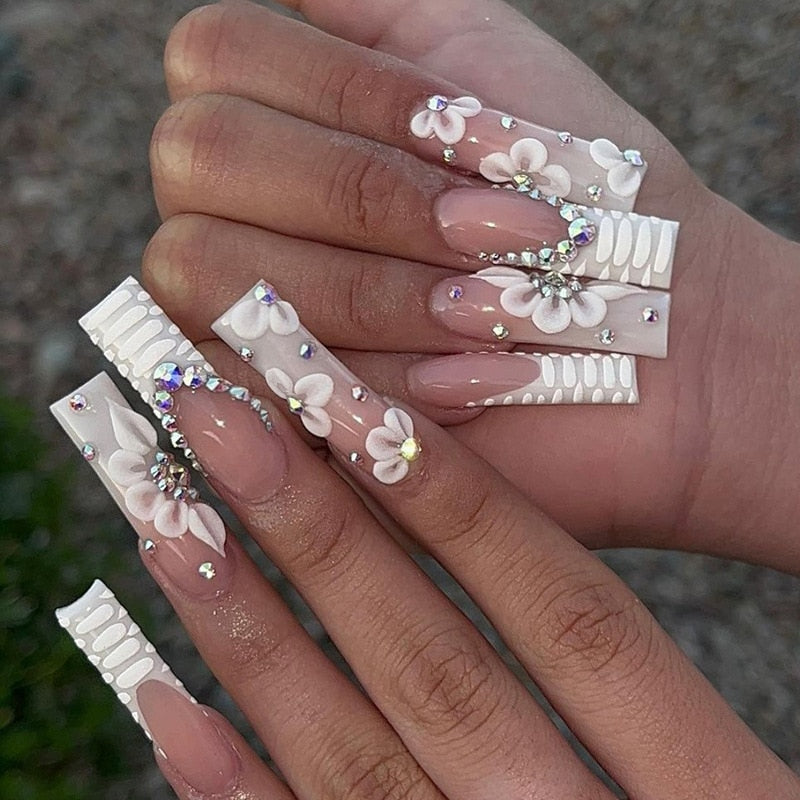 24Pcs Long Ballerina False Nails Press on Nails Serpentine Flower with Rhinestones French Fake Nails Wearable White Nails Tips 683