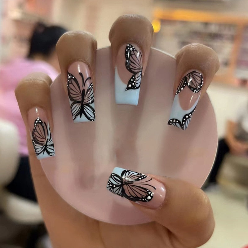 24Pcs Long Ballet False Nails Black Butterfly with French Design Wearable Fake Nails Simple Full Cover Press on Nail Tips Art 491
