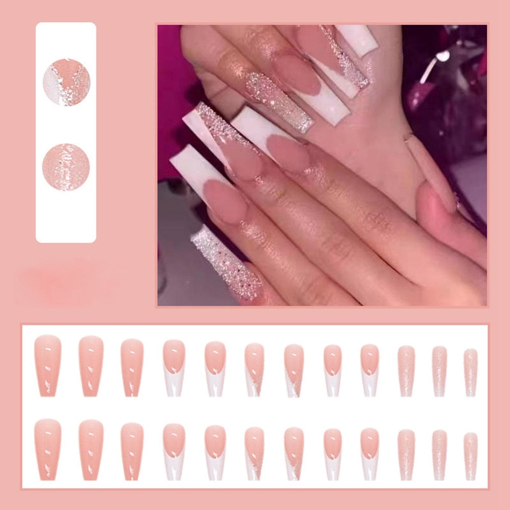 24Pcs Long Coffin False Nails Gold Glitter Sequins Designs Press On Full Cover Fake Nails Tips Wearable Manicure Art Accessories A9