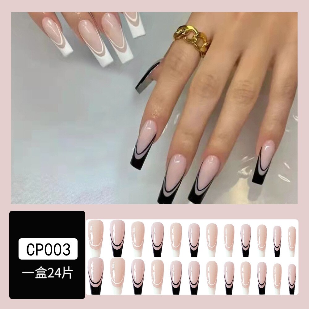 24Pcs Long Coffin False Nails Gold Glitter Sequins Designs Press On Full Cover Fake Nails Tips Wearable Manicure Art Accessories C3