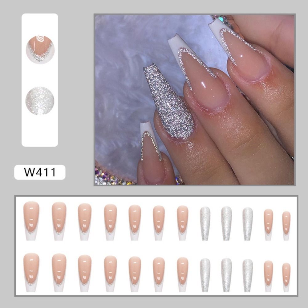 24Pcs Long Coffin False Nails Gold Glitter Sequins Designs Press On Full Cover Fake Nails Tips Wearable Manicure Art Accessories D4