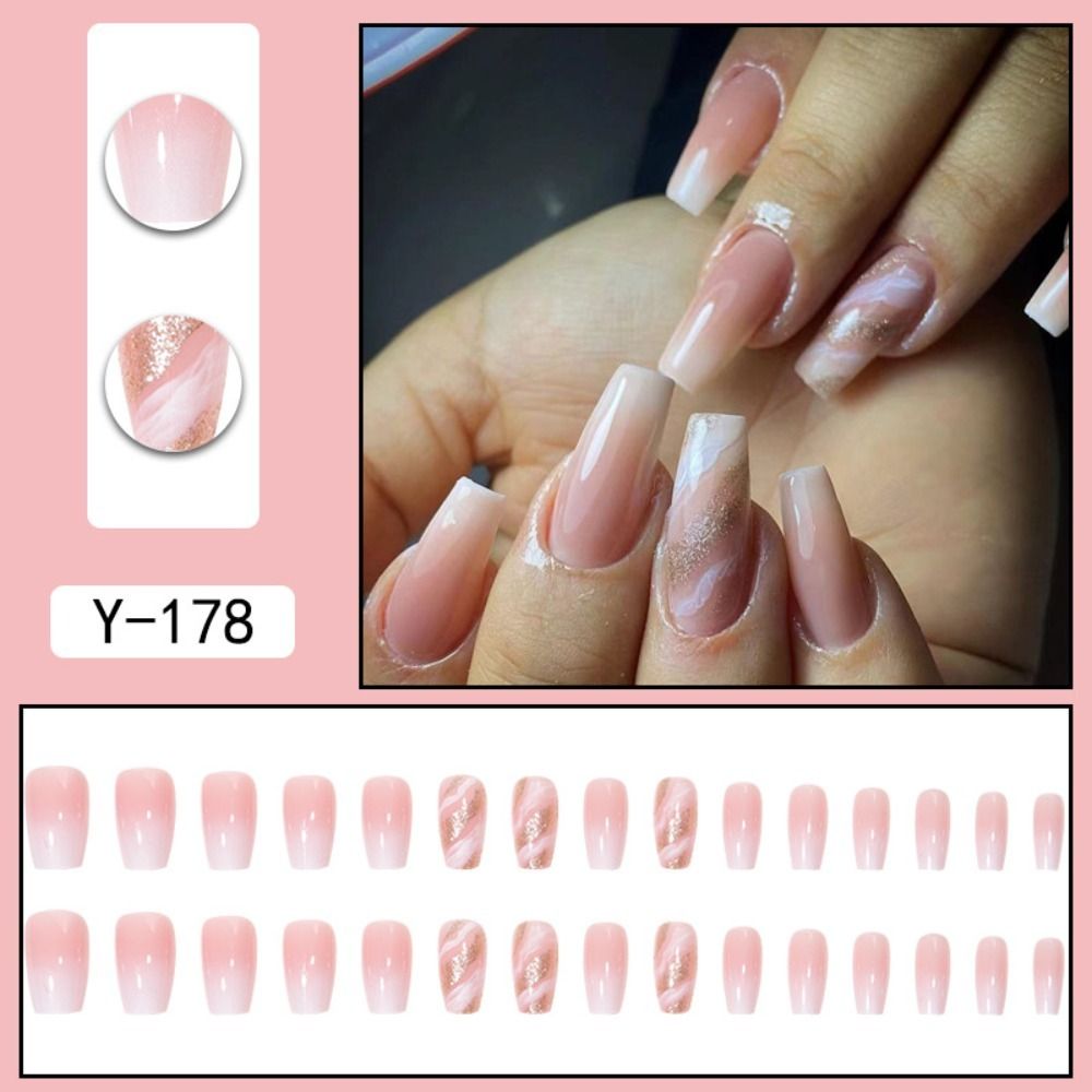 24Pcs Long Coffin False Nails Gold Glitter Sequins Designs Press On Full Cover Fake Nails Tips Wearable Manicure Art Accessories C6