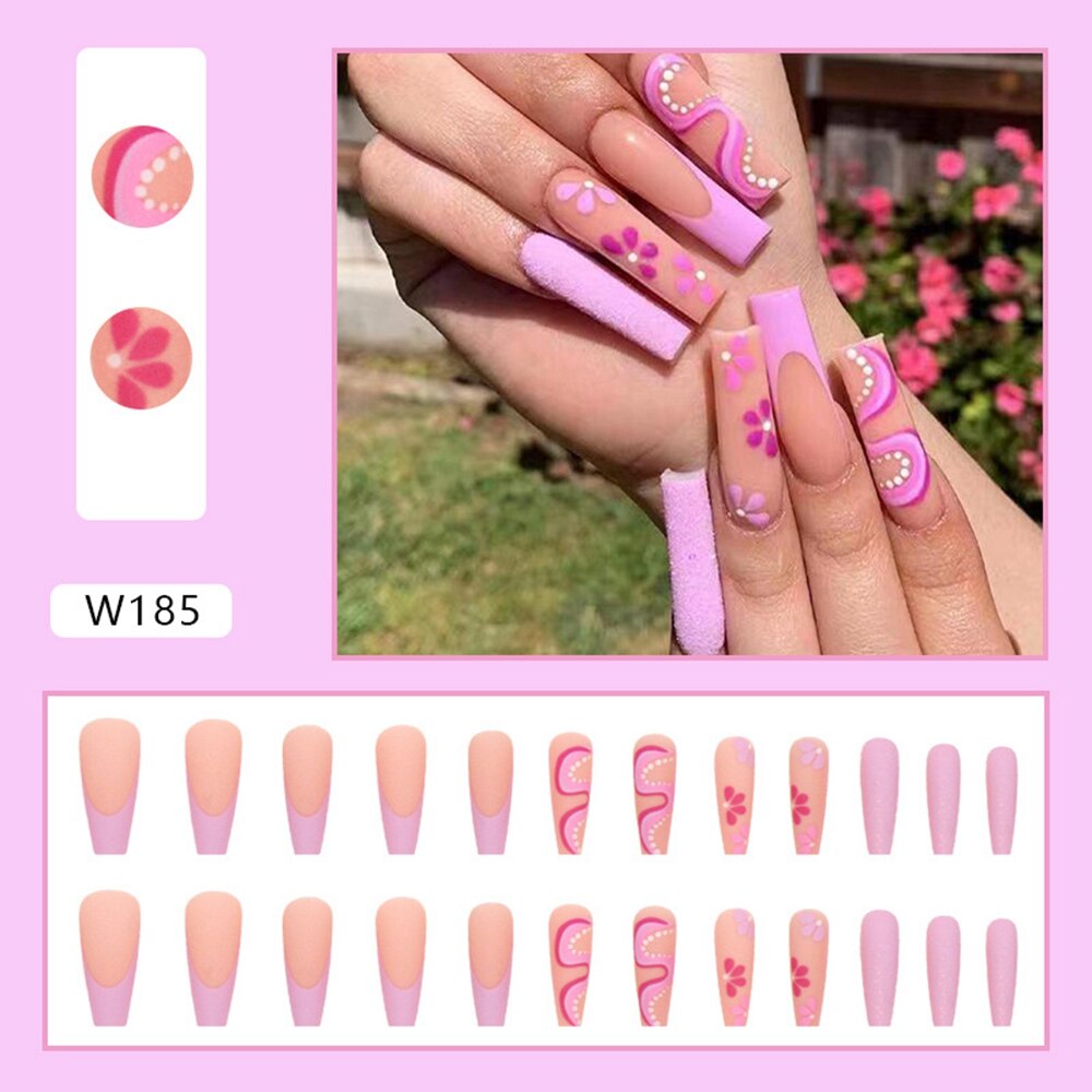 24Pcs Long Coffin False Nails Gold Glitter Sequins Designs Press On Full Cover Fake Nails Tips Wearable Manicure Art Accessories B8