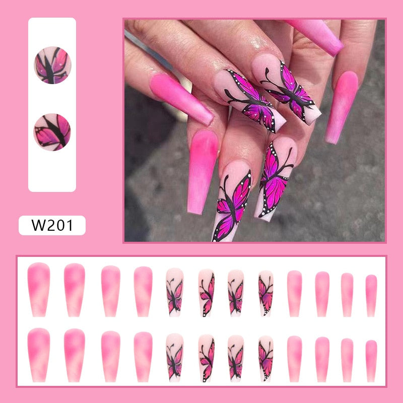 24Pcs Long Coffin False Nails Gold Glitter Sequins Designs Press On Full Cover Fake Nails Tips Wearable Manicure Art Accessories B7
