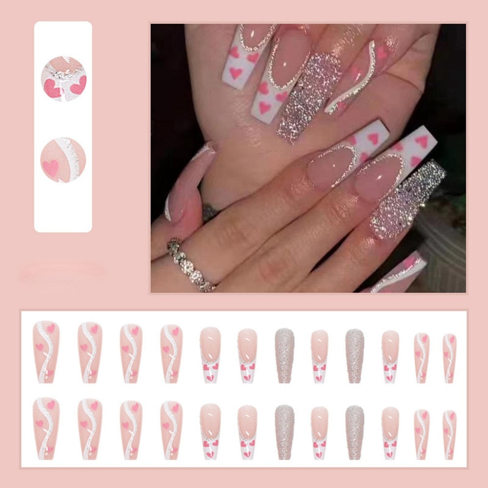 24Pcs Long Coffin False Nails Gold Glitter Sequins Designs Press On Full Cover Fake Nails Tips Wearable Manicure Art Accessories A2