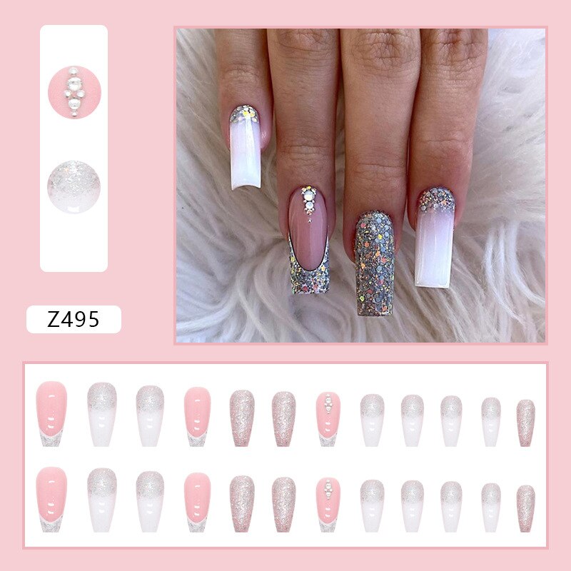 24Pcs Long Coffin False Nails Gold Glitter Sequins Designs Press On Full Cover Fake Nails Tips Wearable Manicure Art Accessories C1