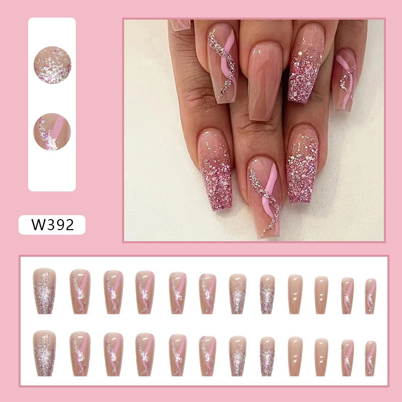 24Pcs Long Coffin False Nails Gold Glitter Sequins Designs Press On Full Cover Fake Nails Tips Wearable Manicure Art Accessories A5