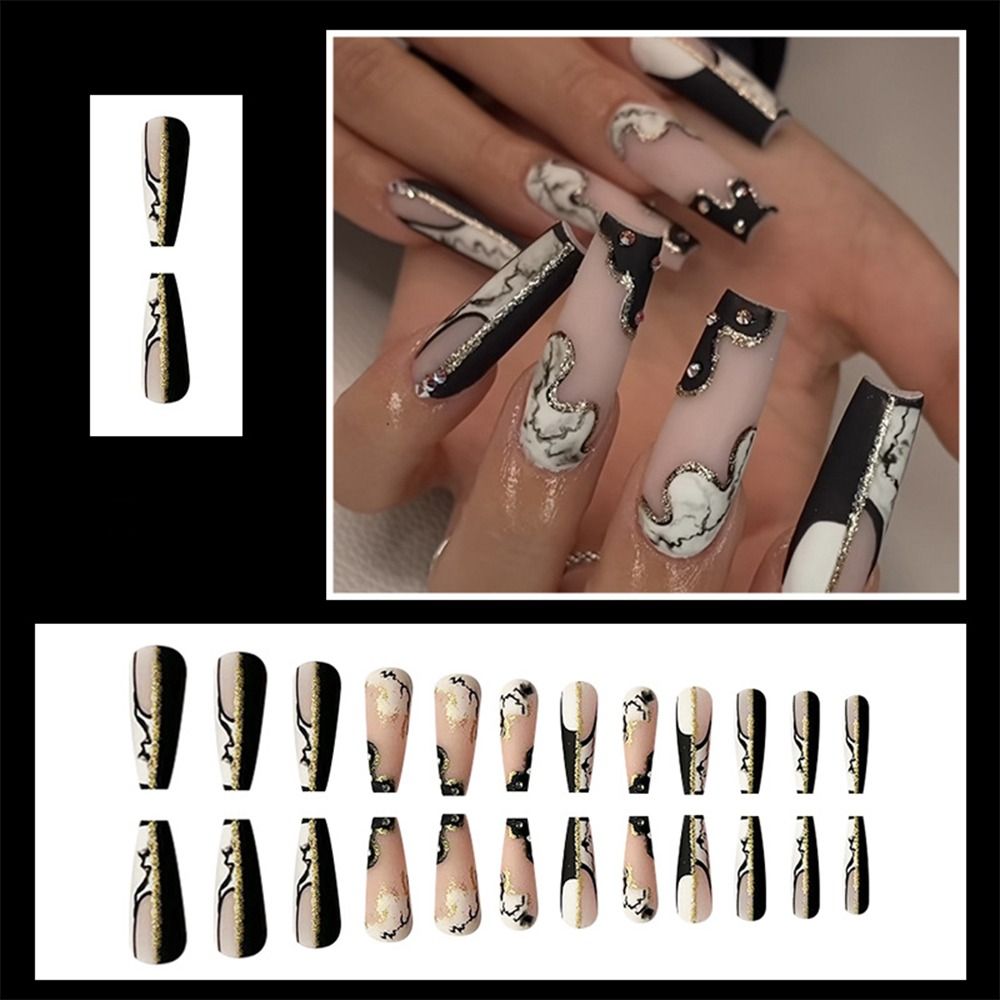 24Pcs Long Coffin False Nails Gold Glitter Sequins Designs Press On Full Cover Fake Nails Tips Wearable Manicure Art Accessories C9