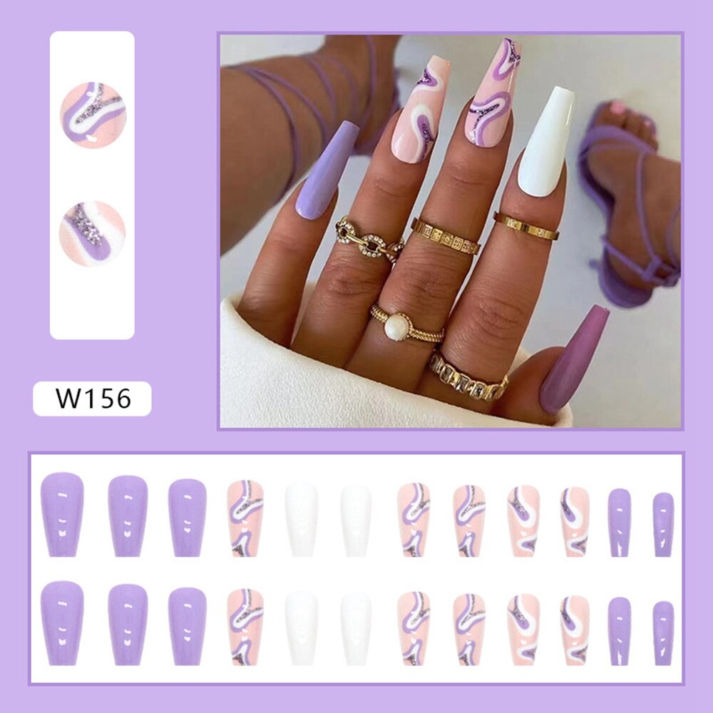 24Pcs Long Coffin False Nails Gold Glitter Sequins Designs Press On Full Cover Fake Nails Tips Wearable Manicure Art Accessories B2