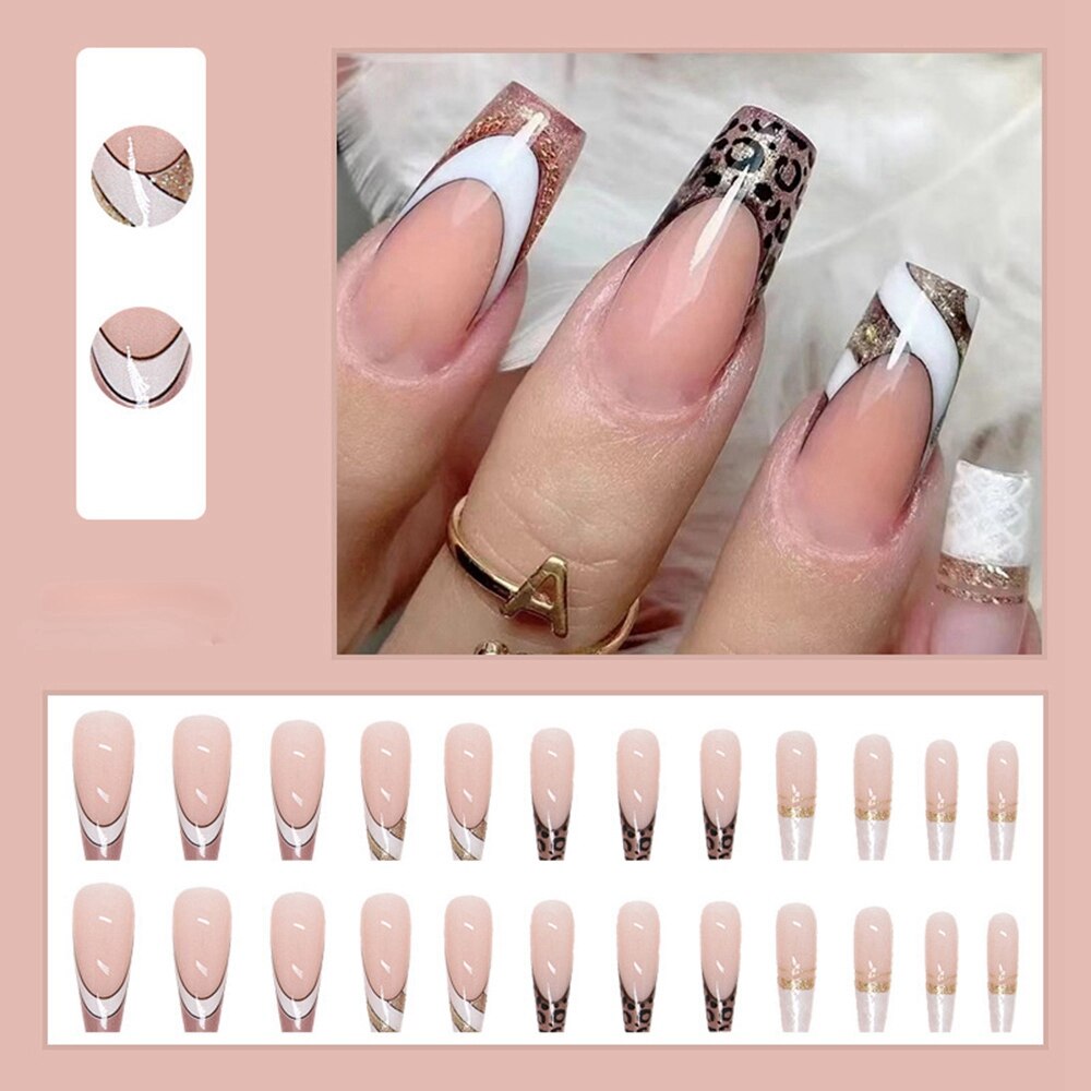 24Pcs Long Coffin False Nails Gold Glitter Sequins Designs Press On Full Cover Fake Nails Tips Wearable Manicure Art Accessories A3
