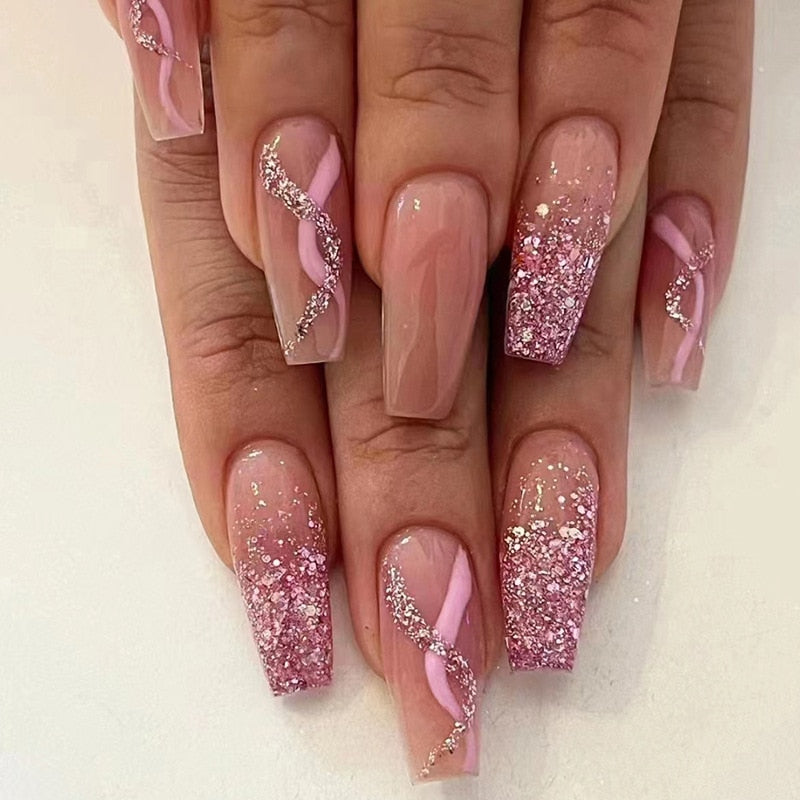 24Pcs Long Coffin False Nails Gold Glitter Sequins Designs Press On Full Cover Fake Nails Tips Wearable Manicure Art Accessories