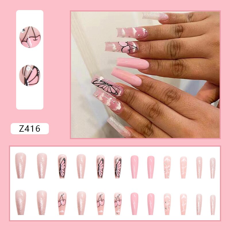 24Pcs Long Coffin False Nails Gold Glitter Sequins Designs Press On Full Cover Fake Nails Tips Wearable Manicure Art Accessories B5