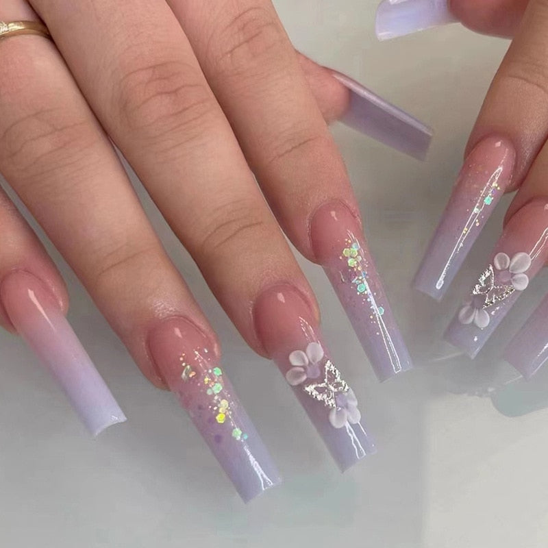 24Pcs Long Coffin False Nails with Glue Wearable Brown Fake Nails with Rhinestones Ballet Press on Nails Full Cover Nail Tips 640