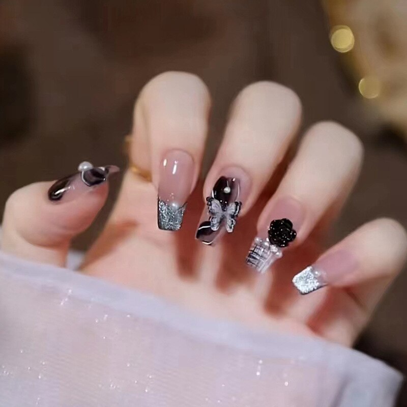 24Pcs Long Coffin Square False Nails Ballet Fake Nails Press on Nails Black Heart Rhinestone Design Glitter Full Cover Nail Tips 448