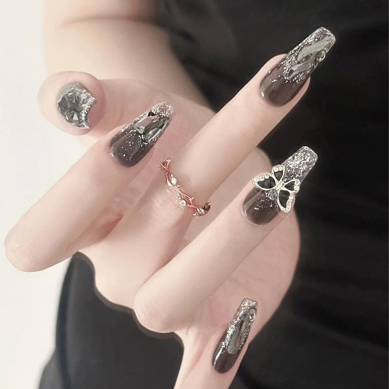 24Pcs Long Coffin Square False Nails Ballet Fake Nails Press on Nails Black Heart Rhinestone Design Glitter Full Cover Nail Tips 15258