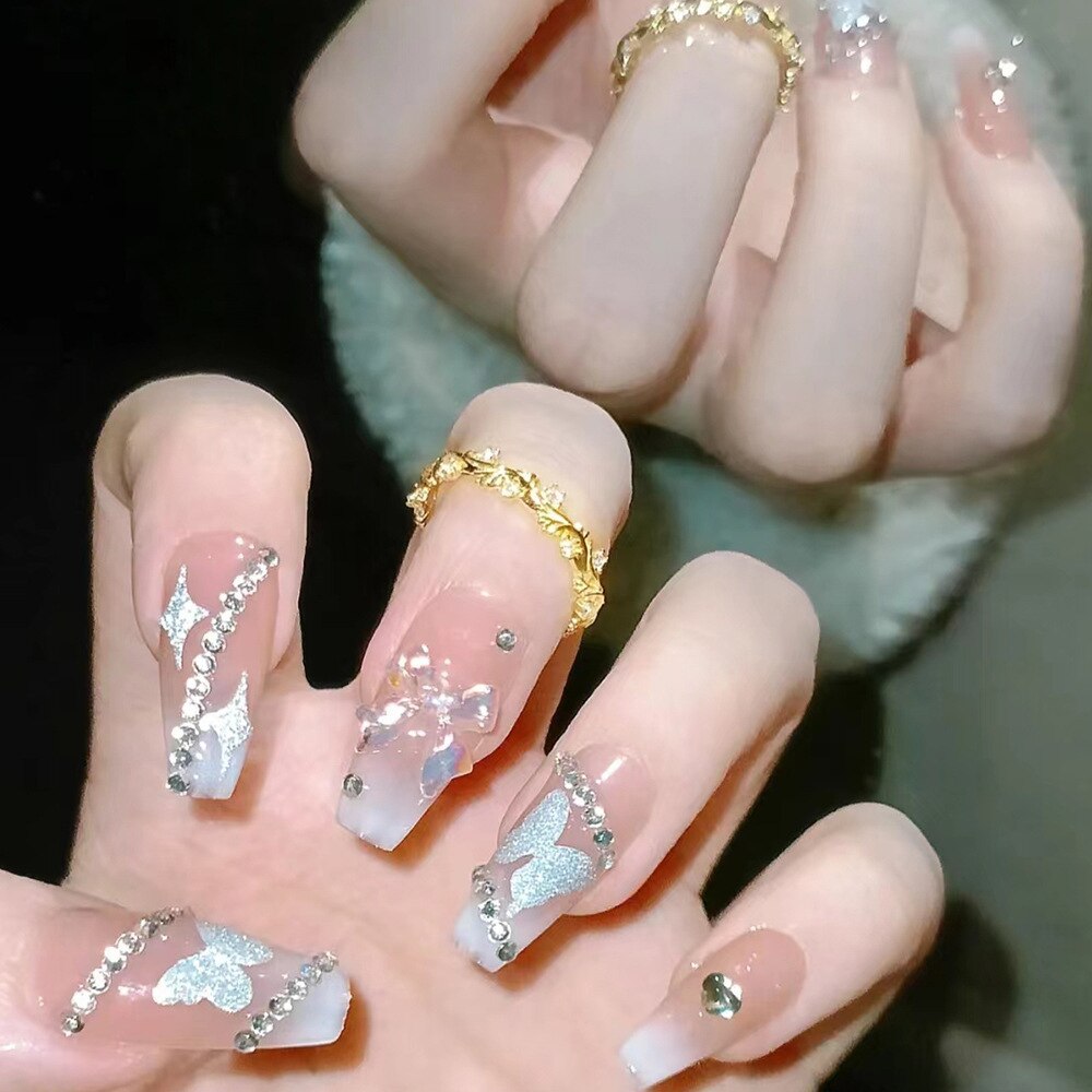 24Pcs Long Coffin Square False Nails Ballet Fake Nails Press on Nails Black Heart Rhinestone Design Glitter Full Cover Nail Tips 048