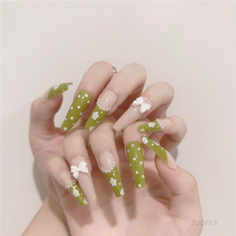 24Pcs Long Love Bow Design French Style Fake Nails Cute Flowers Blue Flame Detachable Press on False Nail Tips Manicure Nail Art JP1205