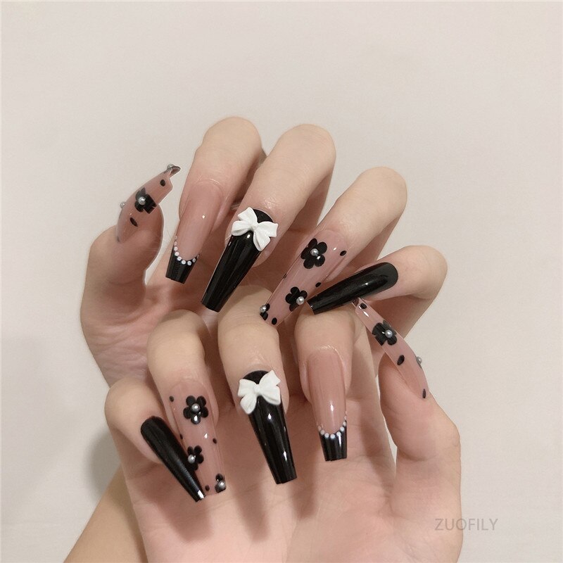 24Pcs Long Love Bow Design French Style Fake Nails Cute Flowers Blue Flame Detachable Press on False Nail Tips Manicure Nail Art JP1200