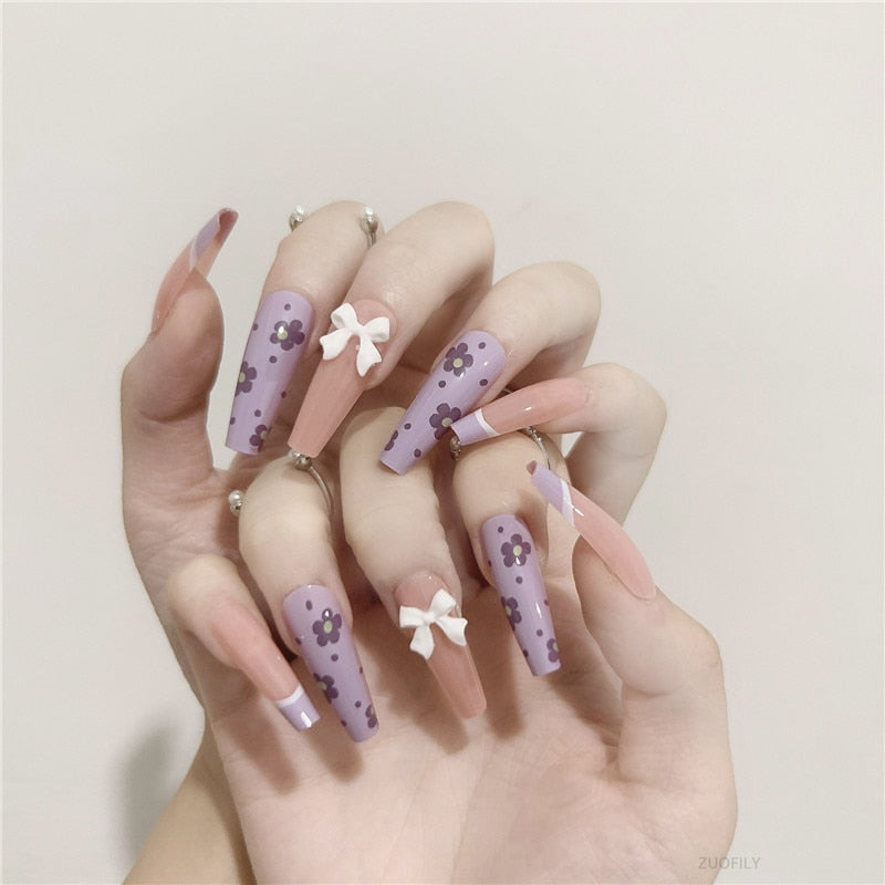 24Pcs Long Love Bow Design French Style Fake Nails Cute Flowers Blue Flame Detachable Press on False Nail Tips Manicure Nail Art JP1203