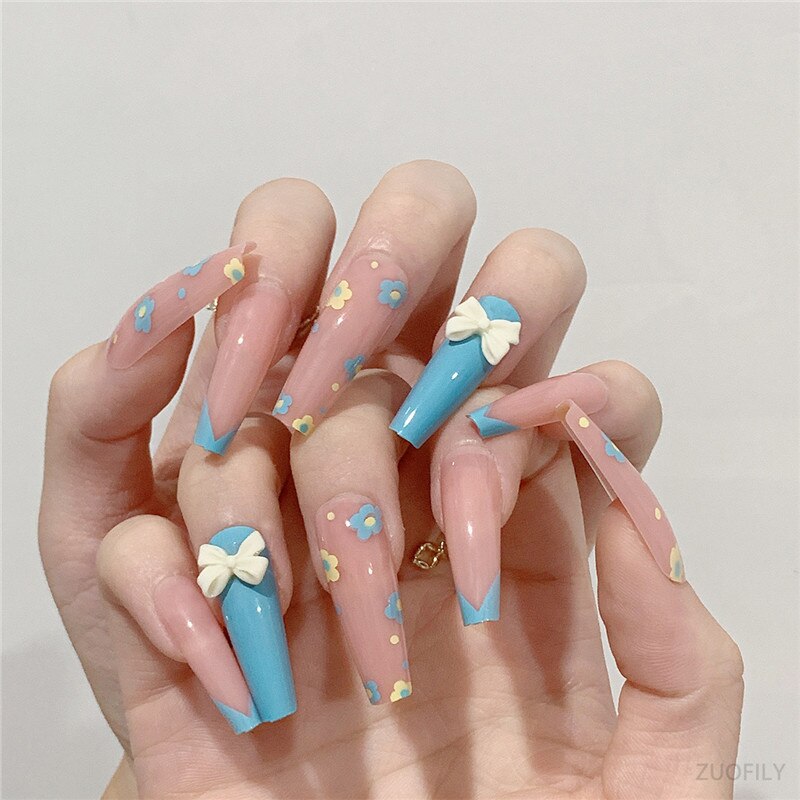 24Pcs Long Love Bow Design French Style Fake Nails Cute Flowers Blue Flame Detachable Press on False Nail Tips Manicure Nail Art JP1391
