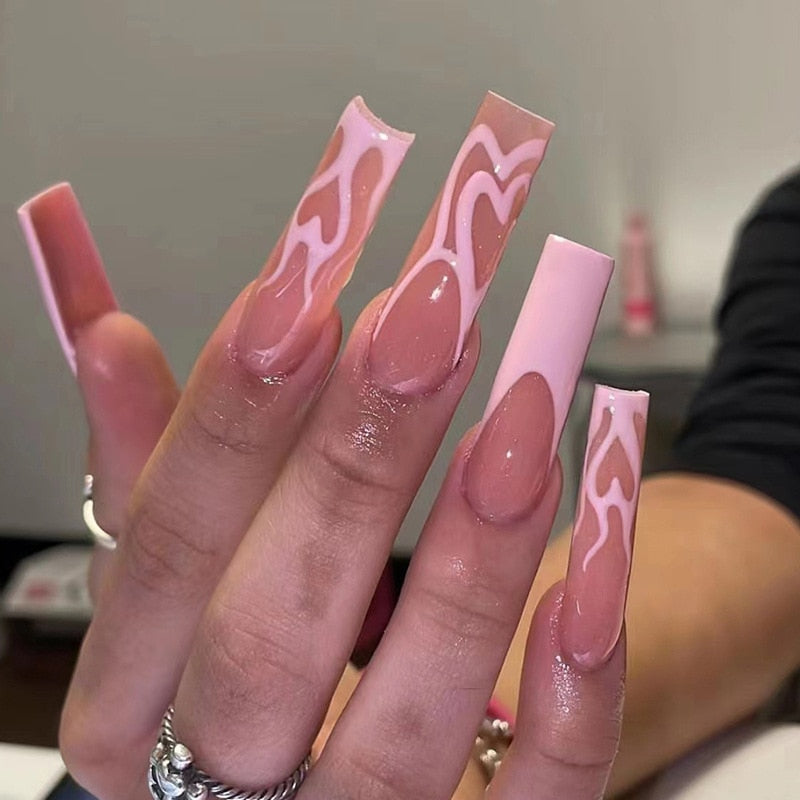 24Pcs Long Square Press on Nails Love Pattern Design Artifical Coffin False Nail Brown French Wearable Full Cover Fake Nail Tips 308