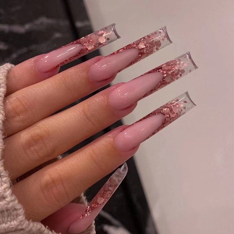 24Pcs Long Square Press on Nails Love Pattern Design Artifical Coffin False Nail Brown French Wearable Full Cover Fake Nail Tips 442