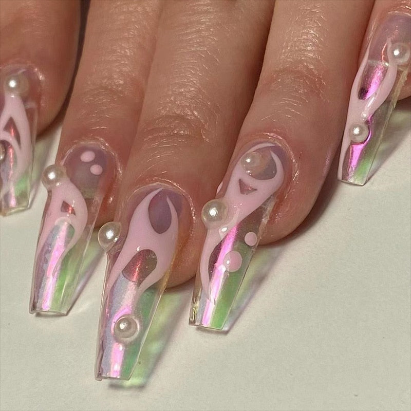 24Pcs Long Square Press on Nails Love Pattern Design Artifical Coffin False Nail Brown French Wearable Full Cover Fake Nail Tips 1613