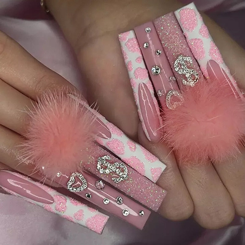 24Pcs Long Square Press on Nails Love Pattern Design Artifical Coffin False Nail Brown French Wearable Full Cover Fake Nail Tips 565