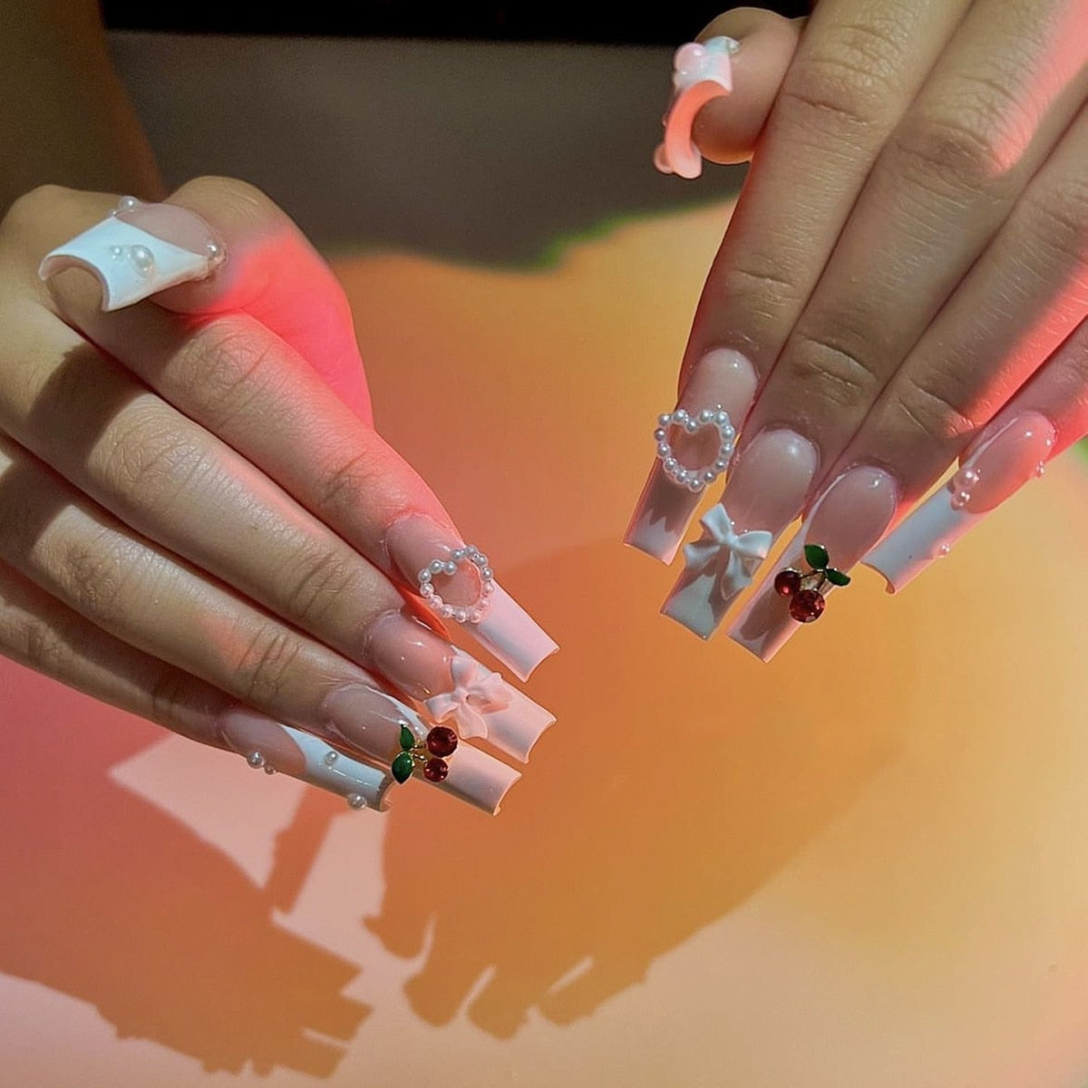 24Pcs Long Square Press on Nails Love Pattern Design Artifical Coffin False Nail Brown French Wearable Full Cover Fake Nail Tips XY-51-15