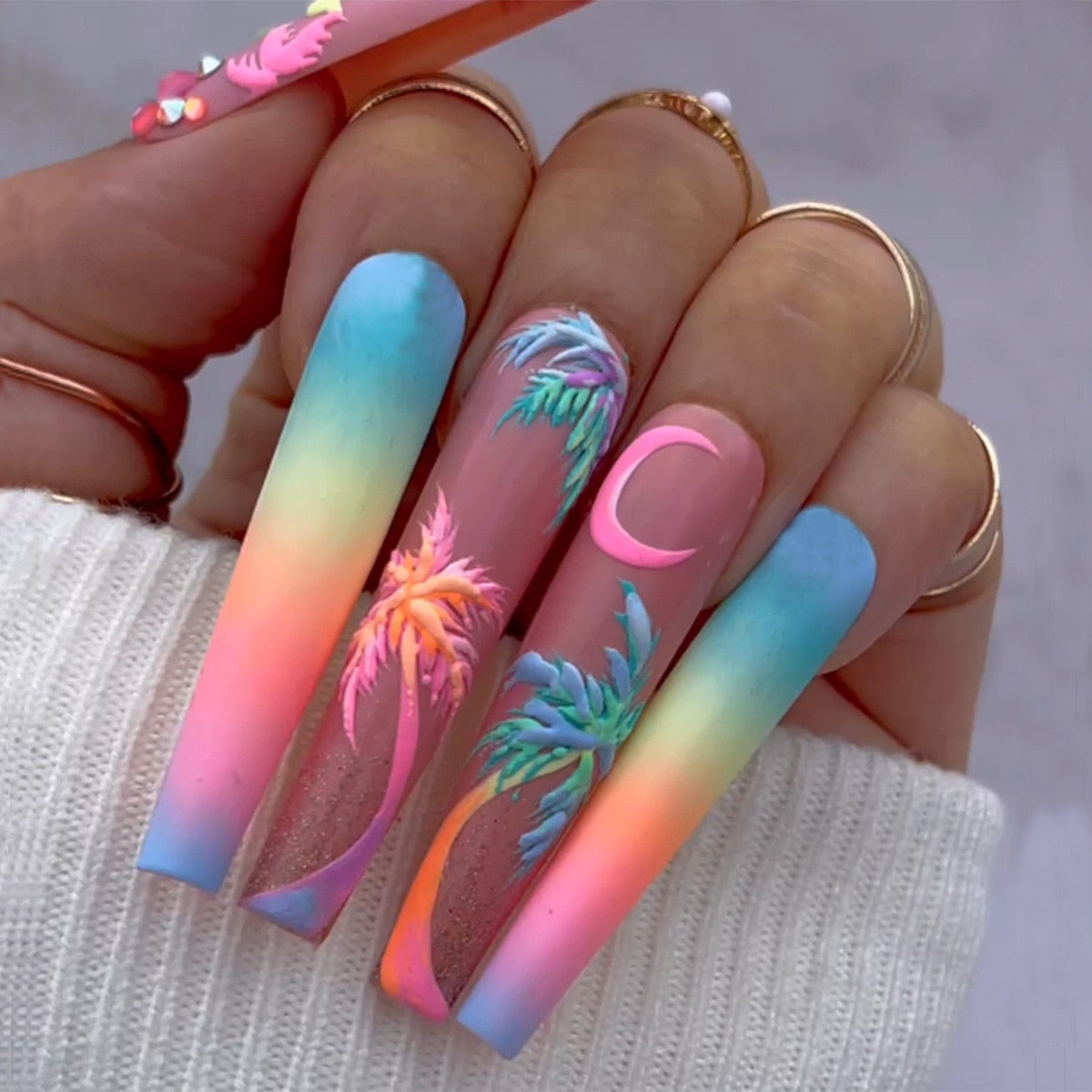 24Pcs Long Square Press on Nails Love Pattern Design Artifical Coffin False Nail Brown French Wearable Full Cover Fake Nail Tips 018