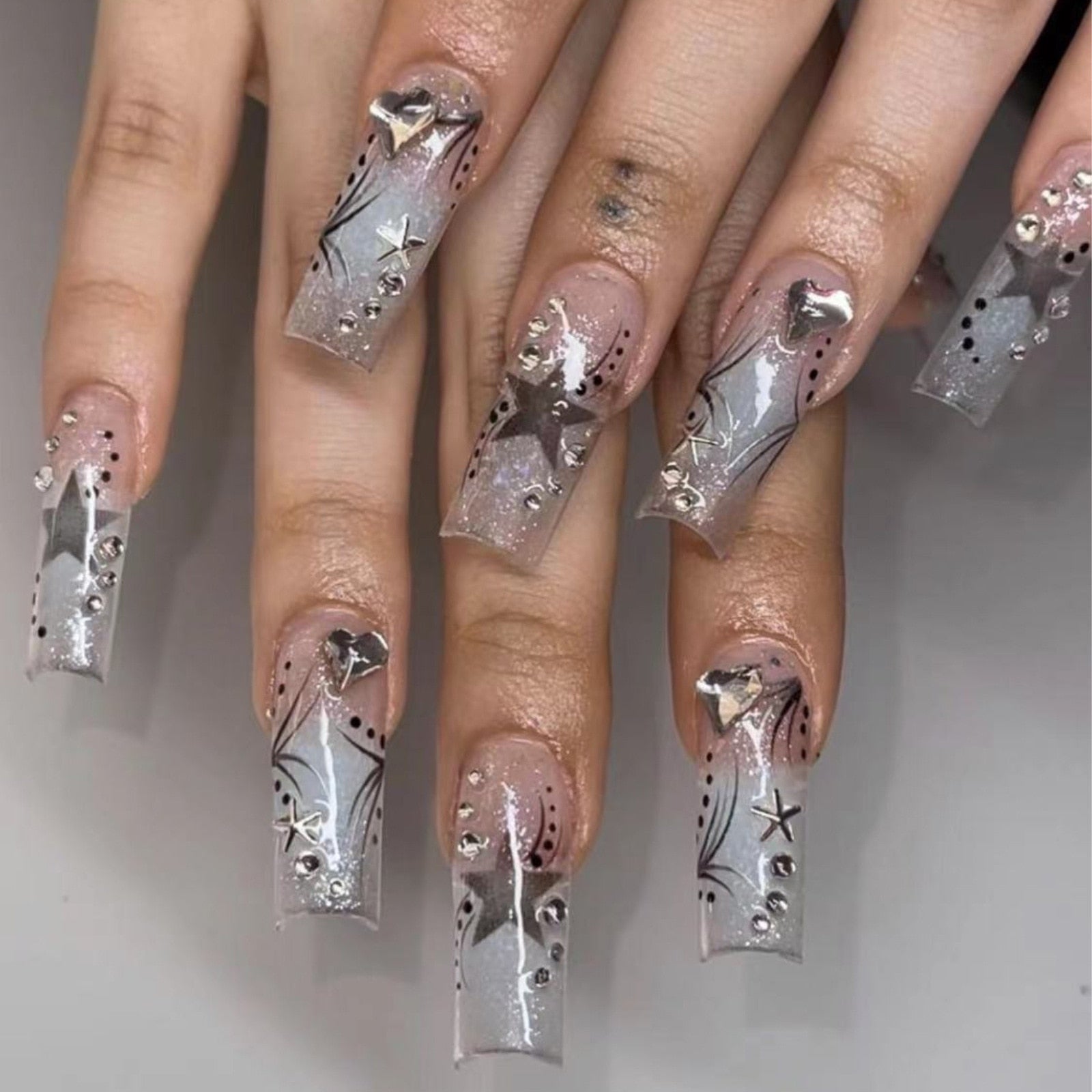 24Pcs Long Square Press on Nails Love Pattern Design Artifical Coffin False Nail Brown French Wearable Full Cover Fake Nail Tips ZJ-08