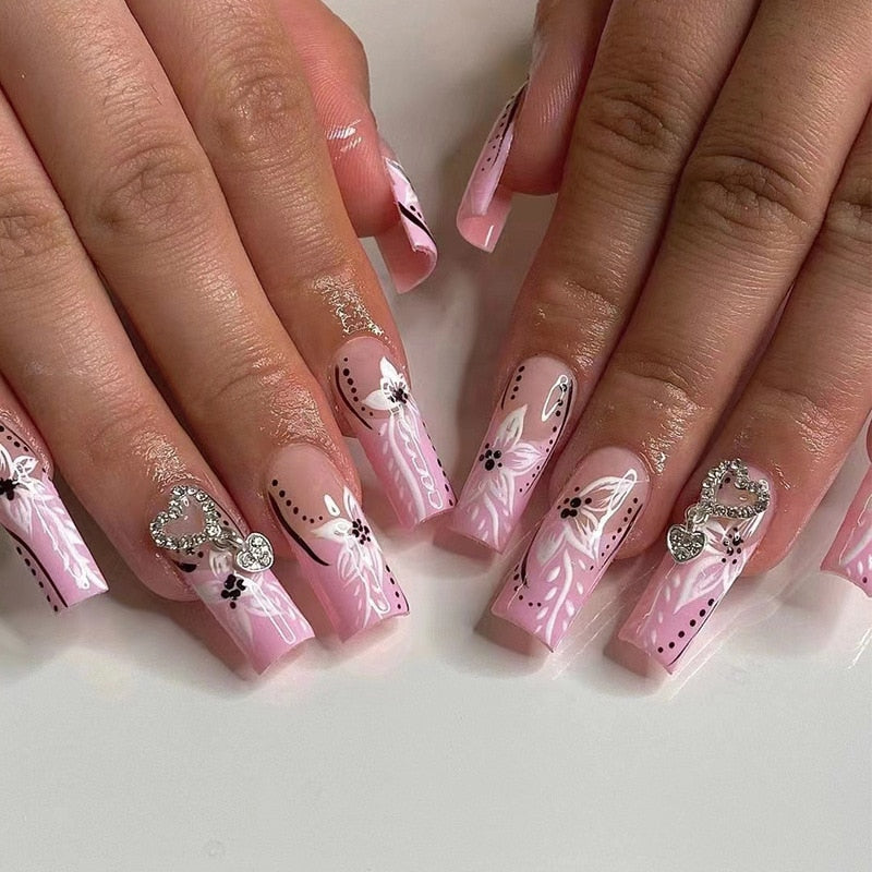 24Pcs Long Square Press on Nails Love Pattern Design Artifical Coffin False Nail Brown French Wearable Full Cover Fake Nail Tips 1853